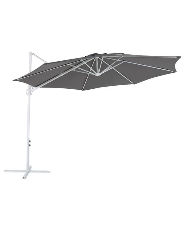 Hængeparasol Mørkegrå Polyester Hvid Aluminium 254 x 295 cm Kæmpe Ottekantet Tilt Vippefunktion Fod til Altan Cafe Marked Vandtæt UV Moderne