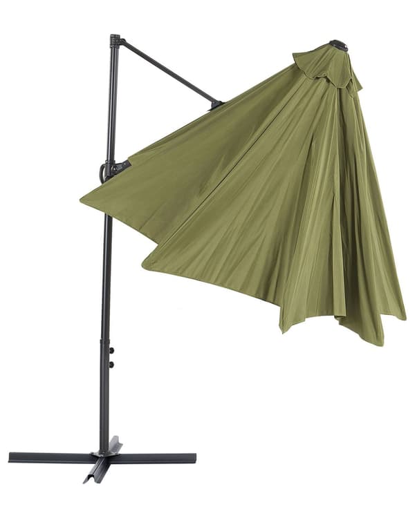 Hængeparasol Grøn Polyester og Sort Aluminium 254 x 295 cm Kæmpe Ottekantet Tilt Vippefunktion Fod til Altan Cafe Marked Vandtæt UV Moderne