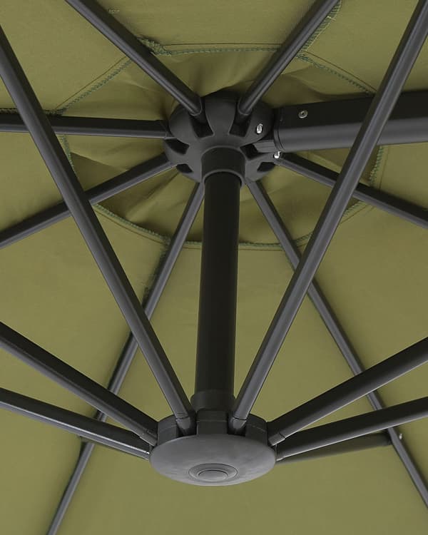 Hængeparasol Grøn Polyester og Sort Aluminium 254 x 295 cm Kæmpe Ottekantet Tilt Vippefunktion Fod til Altan Cafe Marked Vandtæt UV Moderne