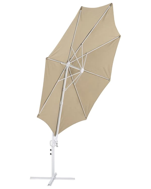 Hængeparasol Taupe Polyester og Hvid Aluminium 254 x 295 cm Kæmpe Ottekantet Tilt Vippefunktion Fod til Altan Cafe Marked Vandtæt UV Moderne