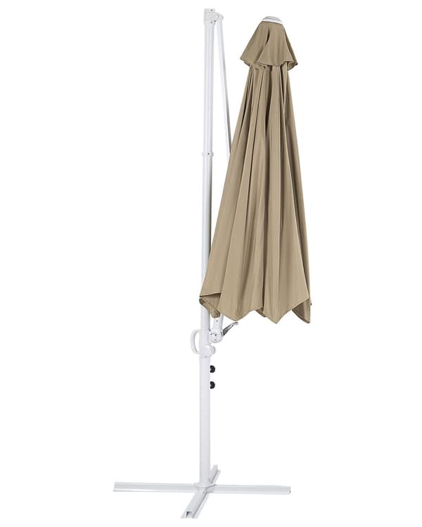 Hængeparasol Taupe Polyester og Hvid Aluminium 254 x 295 cm Kæmpe Ottekantet Tilt Vippefunktion Fod til Altan Cafe Marked Vandtæt UV Moderne
