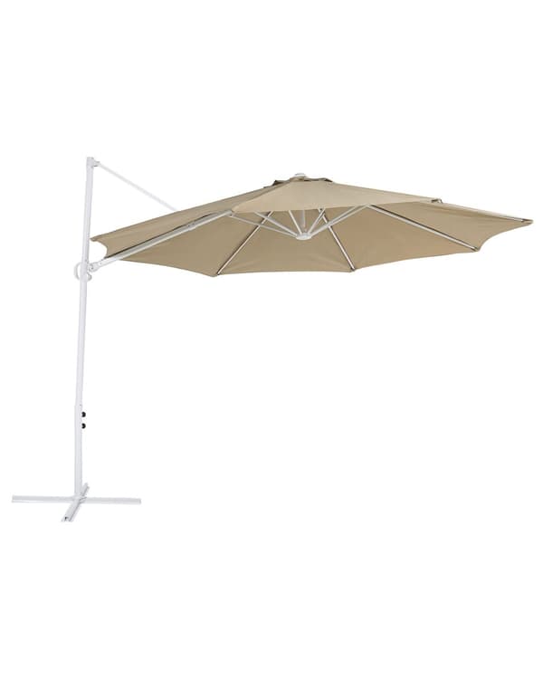 Hængeparasol Taupe Polyester og Hvid Aluminium 254 x 295 cm Kæmpe Ottekantet Tilt Vippefunktion Fod til Altan Cafe Marked Vandtæt UV Moderne