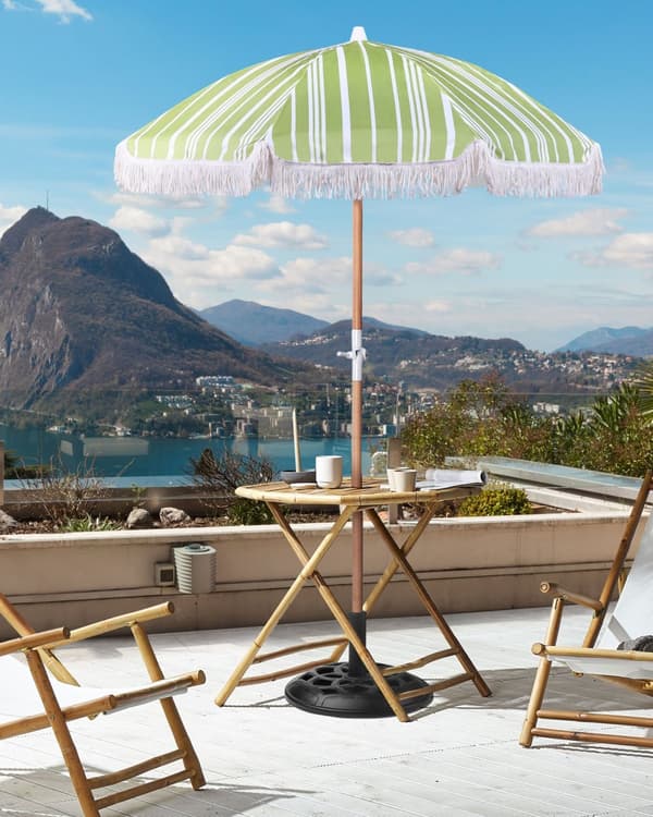Stribet Parasol Grøn Hvid Bøgetræ ⌀ 150 cm Udendørs Rund Altanparasol med Knæk Retro Cafe Haveparasol med Tilt og Frynser