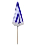 Miniatyrbillede 4 af 10: Stribet Blå Hvid Bøgetræ ⌀ 150 cm Udendørs Rund Altanparasol med Knæk Retro Cafe Haveparasol med Tilt og Frynser