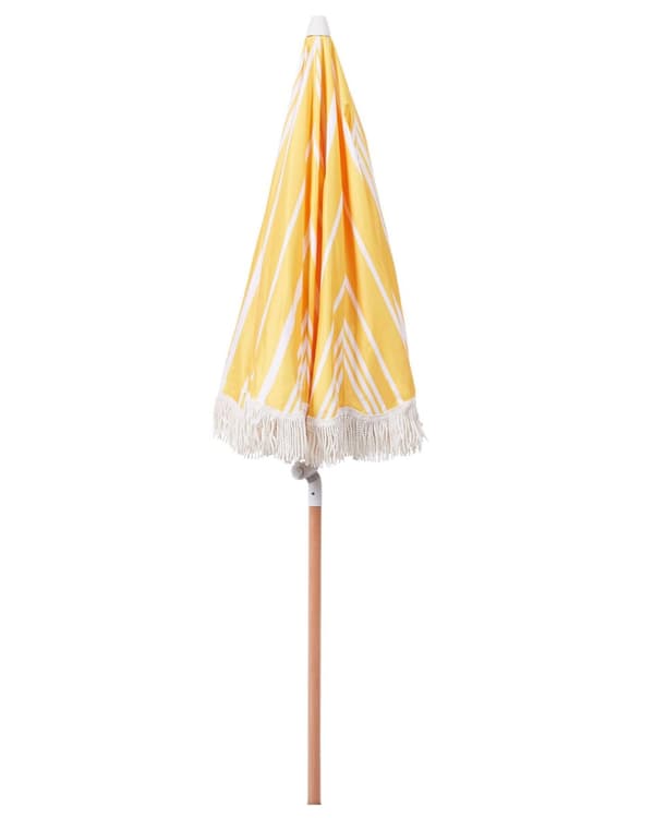 Stribet Parasol Gul Hvid Bøgetræ ⌀ 150 cm Udendørs Rund Altanparasol med Knæk Retro Cafe Haveparasol med Tilt og Frynser