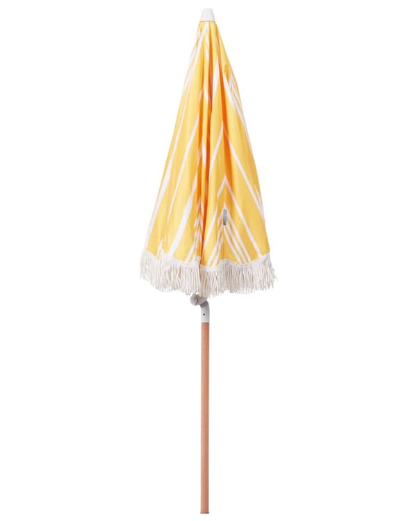 Stribet Parasol Gul Hvid Bøgetræ ⌀ 150 cm Udendørs Rund Altanparasol med Knæk Retro Cafe Haveparasol med Tilt og Frynser