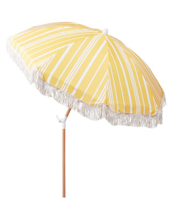 Stribet Parasol Gul Hvid Bøgetræ ⌀ 150 cm Udendørs Rund Altanparasol med Knæk Retro Cafe Haveparasol med Tilt og Frynser