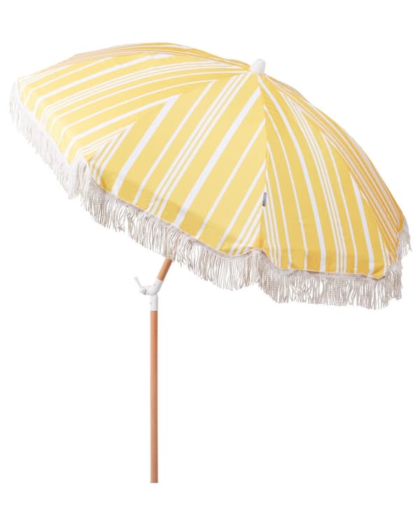Stribet Parasol Gul Hvid Bøgetræ ⌀ 150 cm Udendørs Rund Altanparasol med Knæk Retro Cafe Haveparasol med Tilt og Frynser