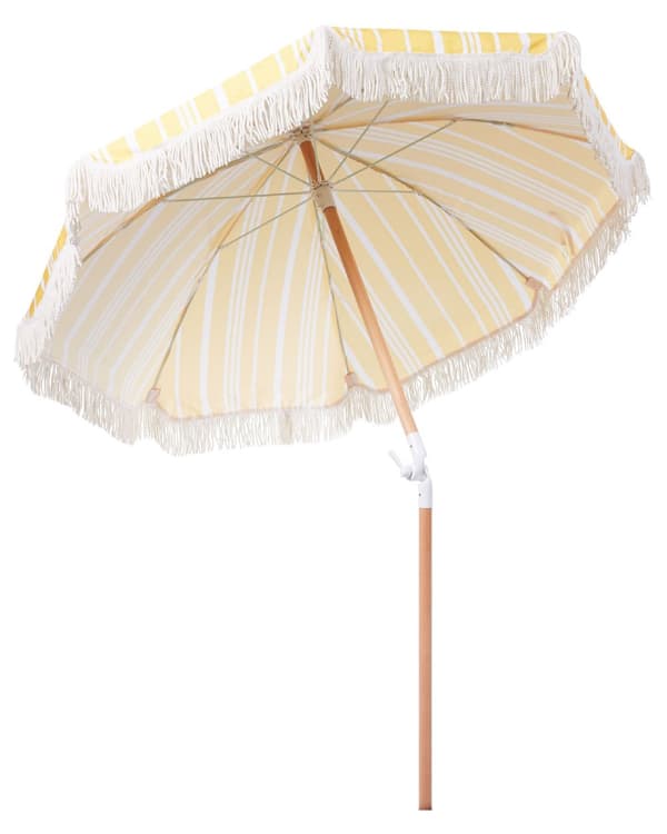 Stribet Parasol Gul Hvid Bøgetræ ⌀ 150 cm Udendørs Rund Altanparasol med Knæk Retro Cafe Haveparasol med Tilt og Frynser
