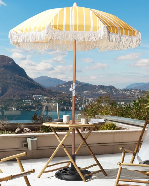 Stribet Parasol Gul Hvid Bøgetræ ⌀ 150 cm Udendørs Rund Altanparasol med Knæk Retro Cafe Haveparasol med Tilt og Frynser