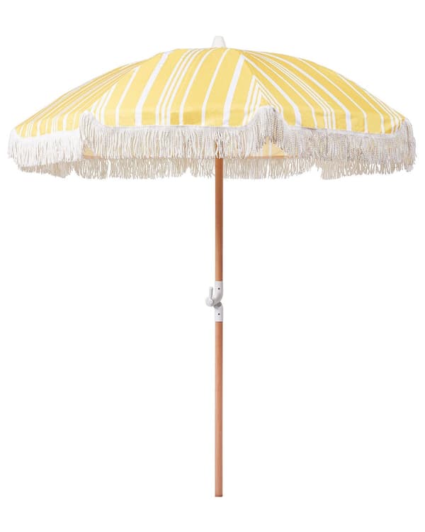 Stribet Parasol Gul Hvid Bøgetræ ⌀ 150 cm Udendørs Rund Altanparasol med Knæk Retro Cafe Haveparasol med Tilt og Frynser