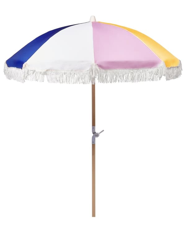 Parasol Multifarvet Bøgetræ ⌀ 150 cm Udendørs Rund Altanparasol med Knæk Retro Cafe Haveparasol med Tilt og Frynser
