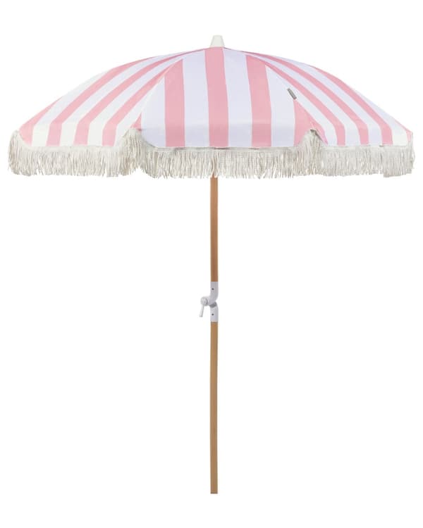 Stribet Parasol Lyserød Hvid Bøgetræ ⌀ 150 cm Udendørs Rund Altanparasol med Knæk Retro Cafe Haveparasol med Tilt og Frynser