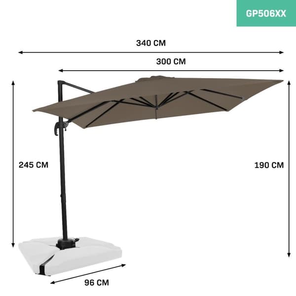 VONROC Premium Cantilever Parasoll Pisogne 300x300cm – UV-skydd 50+, 360° Roterbar & Vinklingsbar, Inkl. Överdrag