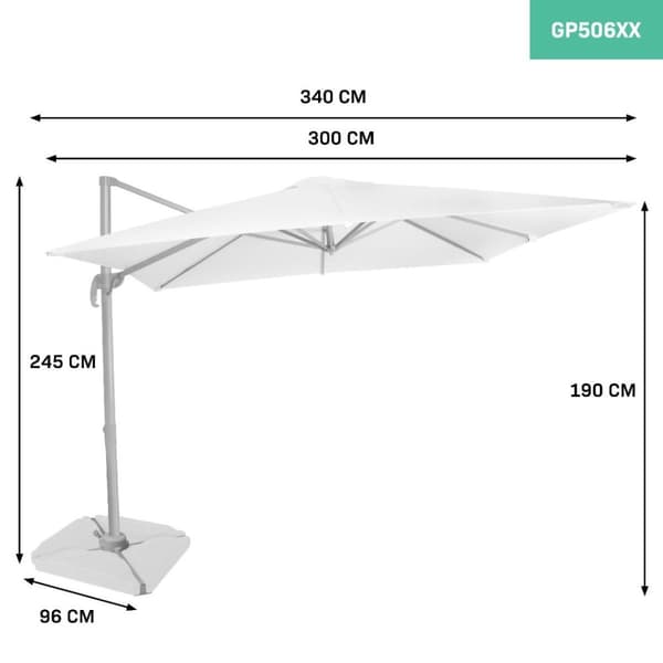VONROC Premium Hængeparasol Pisogne 300x300cm – inkl krydsfod og overtræk - vierkantet | Hvid
