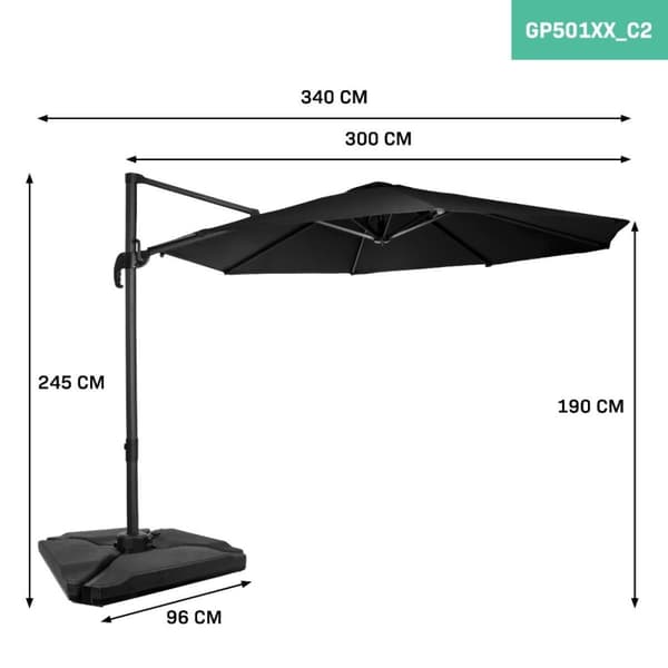 VONROC Premium Cantilever Parasoll Bardolino 300 cm – Set med Parasollplattor, UV-skydd 50+, Roterbar och Justerbar
