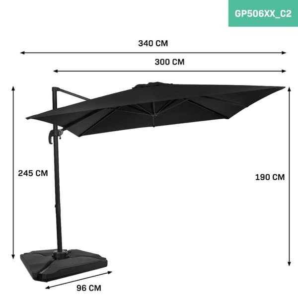 VONROC Premium Hængeparasol Pisogne 300x300cm – inkl krydsfod, 4 ∆ fyldbare fliser og overtræk - vierkantet | Sort