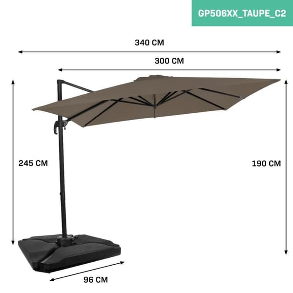 VONROC Premium Hængeparasol Pisogne 300x300cm – inkl krydsfod, 4 ∆ fyldbare fliser og overtræk - vierkantet | Taupe