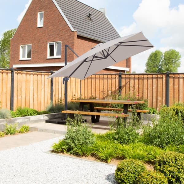 VONROC Premium Hængeparasol Pisogne 300x300cm – inkl krydsfod, 4 ∆ fyldbare fliser og overtræk - vierkantet | Beige