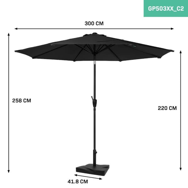 VONROC Premium Stangparasol Recanti Ø300cm - inkl. □ Betonfod og overtræk - rund | Sort