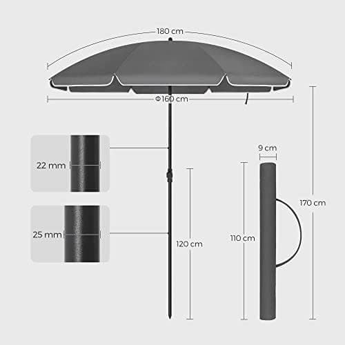 SONGMICS 1,6 m parasoll, beach umbrella, glasfiberribbor, grå