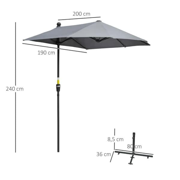 Rootz Halv Paraply - Halv Parasol - Market Paraply - Have - Parasol - Havebalkon Parasol - Med håndsving - Polyester/Stål - Mørkegrå - 1,9L x 2W x 2,4