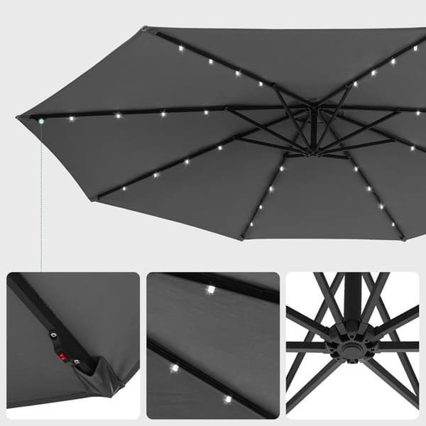SONGMICS haveparasol med solcelledrevne LED-lys, 3 m bananparaply med fod, grå