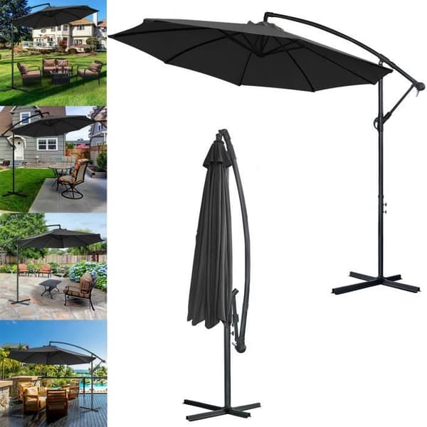 LZQ Trädgårdsparasoll i aluminium Ø300 cm, justerbart UV-skyddande paraply med vev, för terrassbalkong, mörkgrå