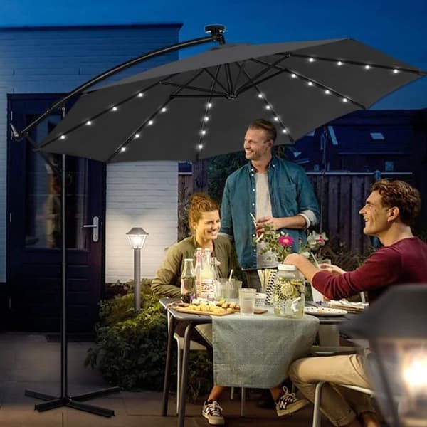 XMTECH Offset Outdoor Garden Parasoll med Solar LED 300cm, Paraply för UV-skydd terrass, aluminium, mörkgrå