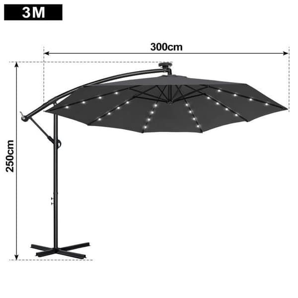 XMTECH Offset Outdoor Garden Parasoll med Solar LED 300cm, Paraply för UV-skydd terrass, aluminium, mörkgrå