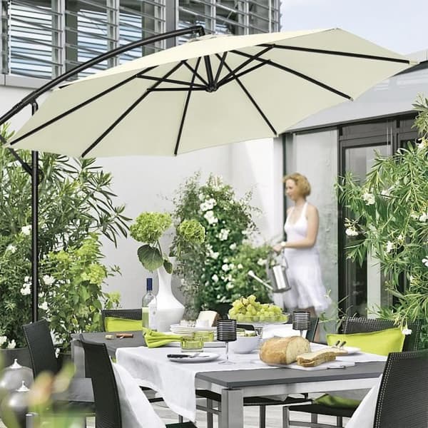 XMTECH Outdoor Garden Parasoll Offset Paraply för Terrass Balkong 350cm, Justerbart Aluminium UV-skydd 40+, Beige