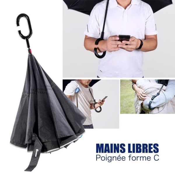 Reverse Paraply Cane Black Double Layer Hands Free C Handtag Anti UV Anti Wind Anti Rollover Light Strip