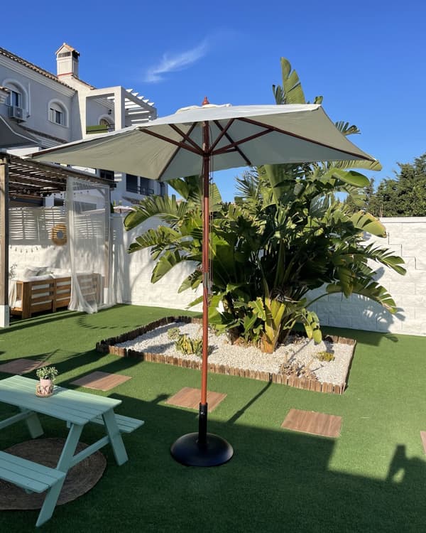 Parasol Lys Beige Polyester i Mørkt Birketræ ø 244 x 144H cm UV-bestandig Nem at Pleje
