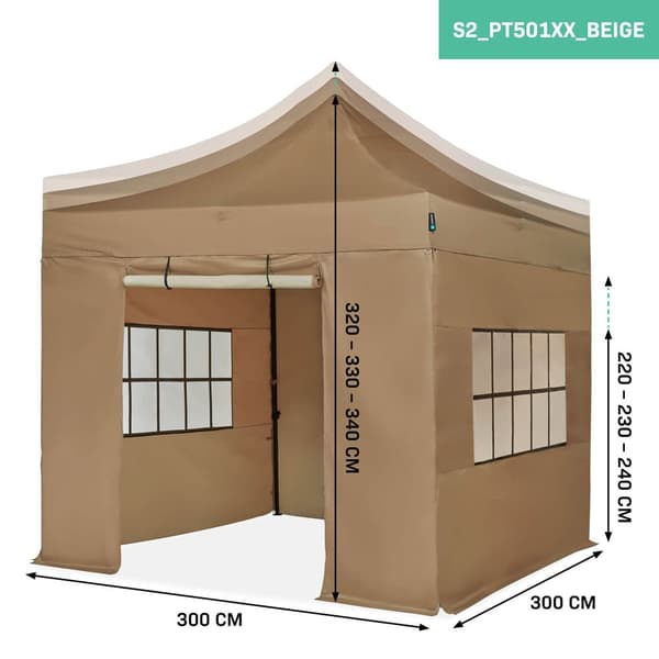 VONROC Easy-Up Party Telt - 3x3 m | Sæt inkl. sidevægge - Beige