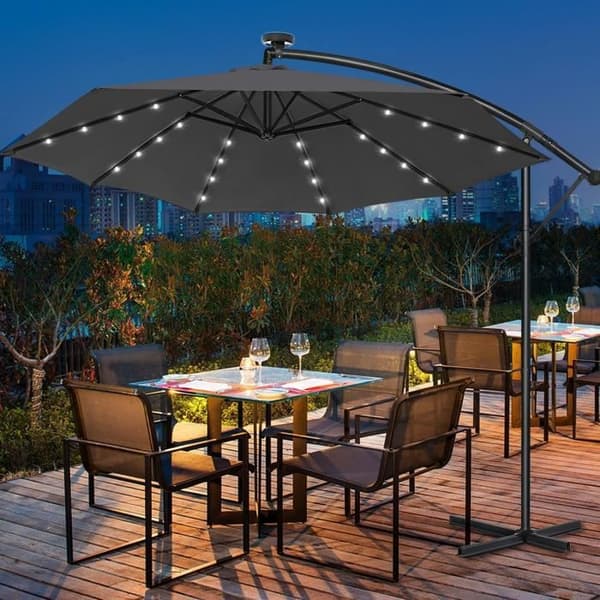 XMTECH Trädgårdsparasol med solenergi LED Uteförskjuten Solskärm för Terrass Balkong 350cm, Justerbar i Aluminium, Mörkgrå