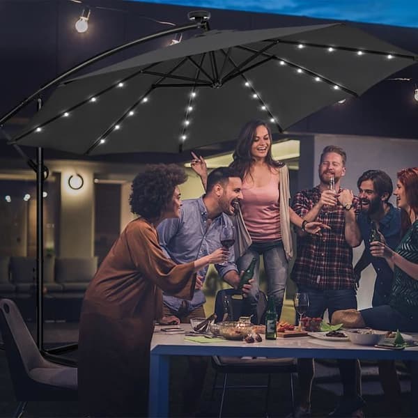 YUENFONG Outdoor Garden Parasoll med vev aluminiumparaply UV 40+ skydd, Ø300cm, grigio scuro, med solar LED