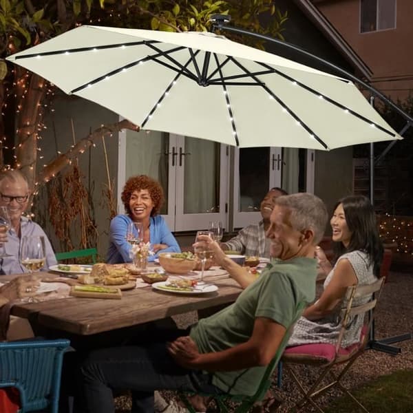 YUENFONG Trädgårdsparasol Utomhus med Vev Parasoll Aluminium UV-skydd 40+, med solcell LED, Beige, Ø300cm