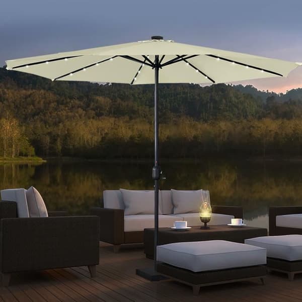 YUENFONG 350 cm Höj- och sänkbart parasoll i aluminium med vev och UV-skydd 40+, med LED, Beige