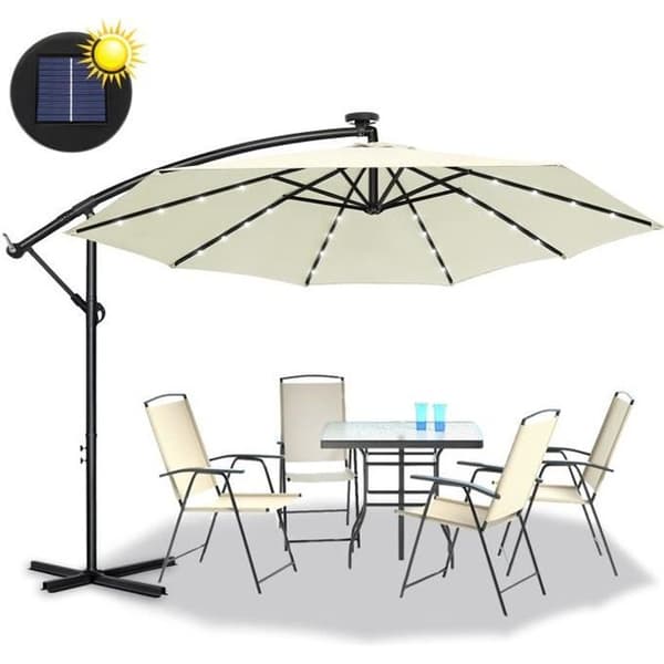 LARS360 Fribärande aluminiumparasoll Ø 350 cm med solenergi LED-belysning Vattentätt parasoll med vev UV-skydd 40+ Beige