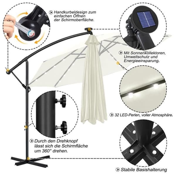 LARS360 Beige Trädgårdsparasoll Fribärande Parasoll i stål och polyester med Solar LED Höjdjusterbar Ø300cm UV40+ skydd