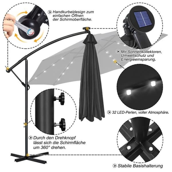 LARS360 Aluminiumparasoll Ø300 cm Trädgårdsparasoll med solcells LED-belysning Justerbar höjd UV-skydd 40+ Mörkgrå