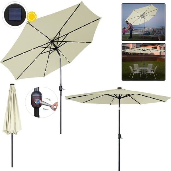 LZQ Trädgårdsparaply Ø300 cm med vev och UV-skydd 40+, med solenergi LED, utan stativ, för strandpatiom, beige