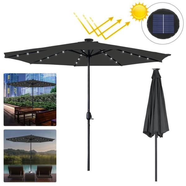 LZQ Trädgårdsparasol Ø350 cm med vev och UV-skydd 40+, med solcellslampor, utan stativ, för strandpatio, grå
