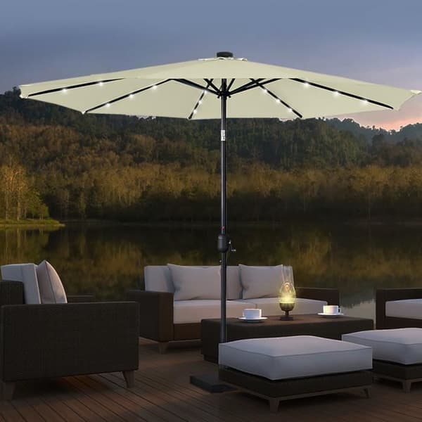 LZQ Trädgårdsparasol Ø350 cm med vev och UV-skydd 40+, med solcell-LED, utan stöd, för strandpatio, beige