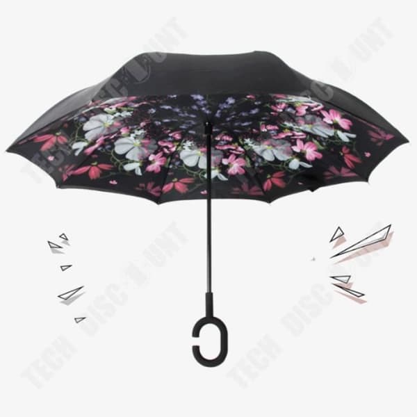 TD® C Automatiskt paraply Inverterad Vikning Tryckt Anti Wind Sun UV Parasoll Hand Free Dia. 98cm Flower Demon Julklapp