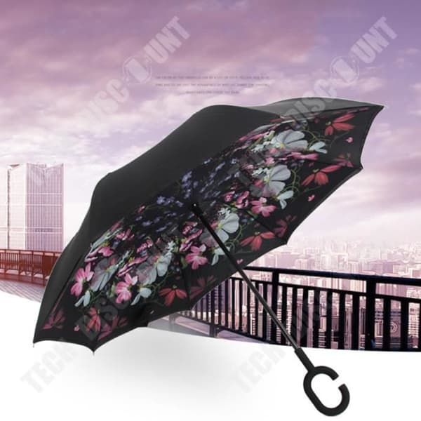 TD® C Automatiskt paraply Inverterad Vikning Tryckt Anti Wind Sun UV Parasoll Hand Free Dia. 98cm Flower Demon Julklapp