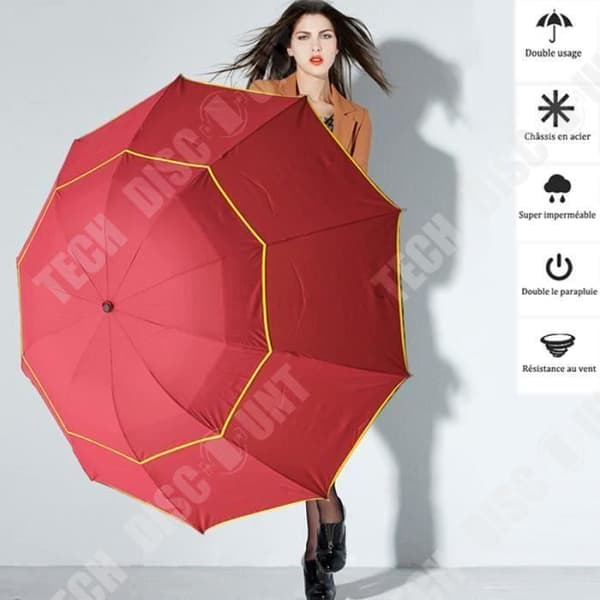 TD® Dual Purpose Paraply Anti-UV, Vind Dubbel Vattentät Tyg -130cm Röd