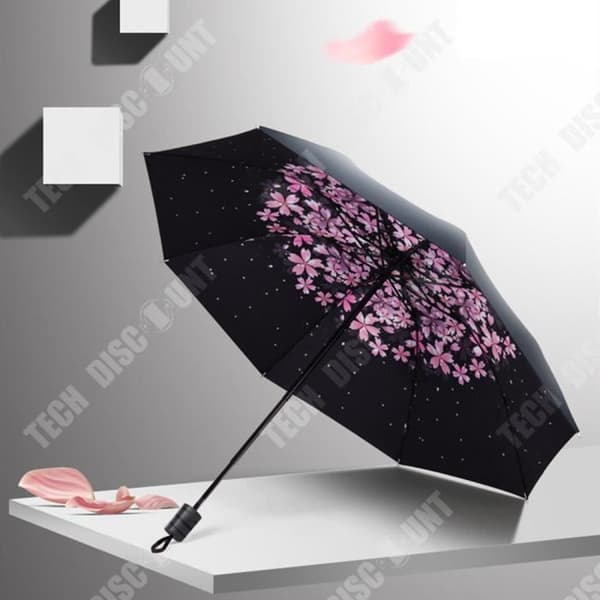 TD® högkvalitativt paraply vindtätt 3D-blomsterutskrift Soligt Anti-sol 3 hopfällbart paraply utomhusparaply