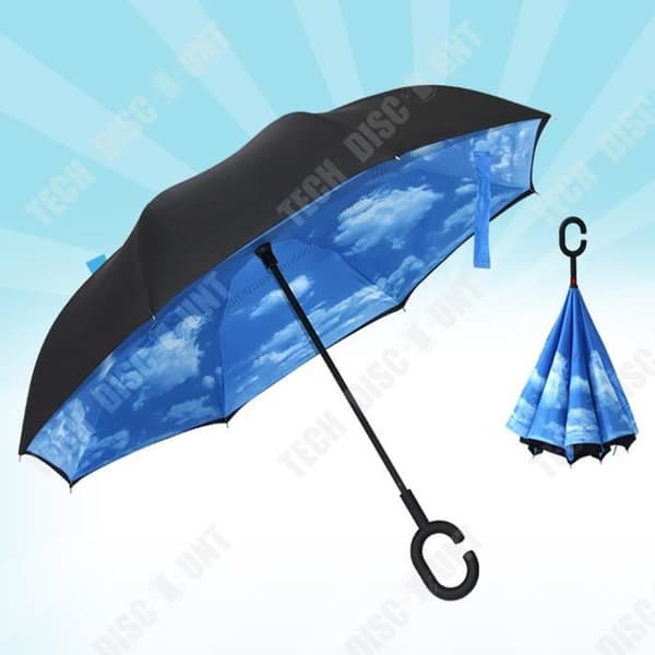 TD® Klart paraply rakt skaft Typ-C Dubbellager Hands-Free Paraply Sky Blue and White Cloud Inverted Paraply