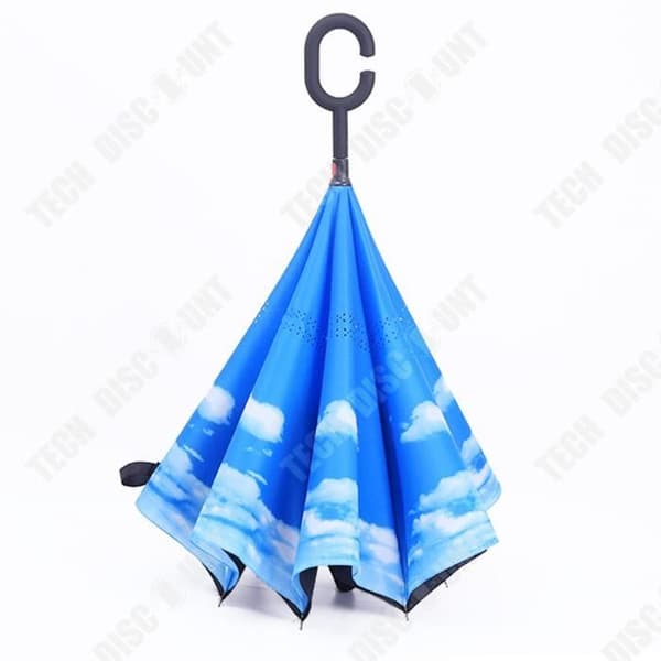 TD® Klart paraply rakt skaft Typ-C Dubbellager Hands-Free Paraply Sky Blue and White Cloud Inverted Paraply